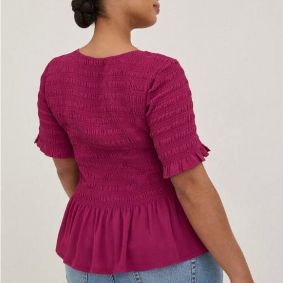 Women’s torrid 3 Beet Red Boat Neck Peplum Chiffon Smocked Top 22 24 3X XXXL 3XL - Picture 14 of 14